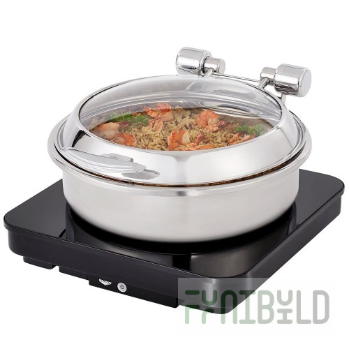 Vollrath 46125 6 Qt. Intrigue Glass Top Round Induction Chafer with Stainless Steel Trim and Stainless Steel Food Pan