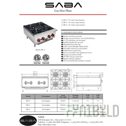 SABA HP-4 Hotplate Countertop Gas