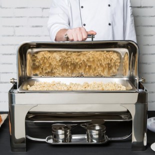 Vollrath 46080 9 Qt. New York, New York Roll Top Chafer Full Size with Brass Trim