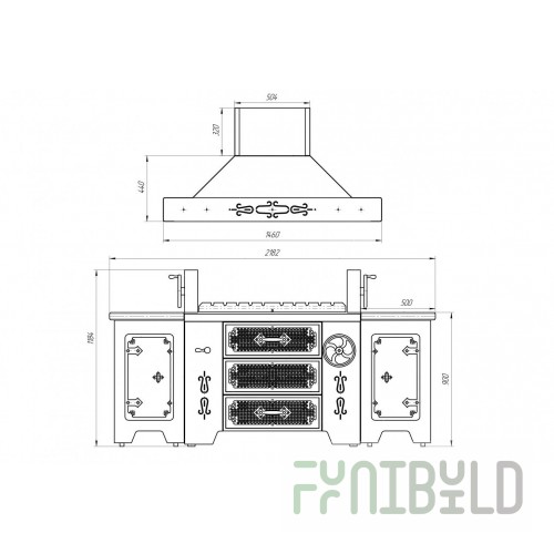 Charcoal grill UMB(2)/ 11309(2182x1460x900mm, black coating, grids for frying)