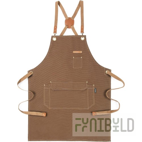 Chef Approved 167BAFHBR 25 Inch Bib Apron Brown Poly-Cotton Blend with 2 Pockets