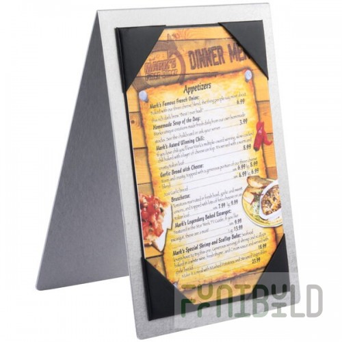 Menu Solutions MTDBL-411 Alumitique Two View Brushed Aluminum Menu Tent with Picture Corners - 4 1/4