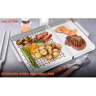 BBQ grill + tray (Grate 280x380mm, handle 200mm, tray 400x300mm, stainless steel)
