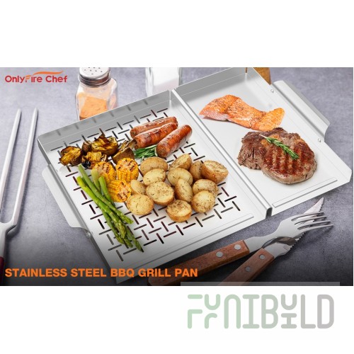 BBQ grill + tray (Grate 280x380mm, handle 200mm, tray 400x300mm, stainless steel)