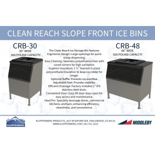 Kloppenberg CRB-30 Clean Reach Ice Storage Bin With 300 Lbs Ice Storage Capacity Offers Ergonomic And Easy Access With Large Openings For Quick Scoop Dispensing. Seamless Polyethylene Liner With Coved Corners
