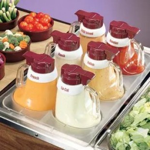 Tablecraft 483 12 Inch Salad Dressing Dispenser Set with Plastic Tray and Collars