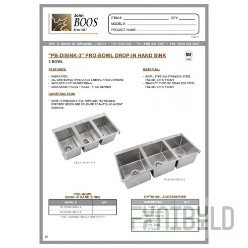 John Boos PB-DISINK101410-3-X 36 Inch Compartment Sink Stainless Steel with Bowls