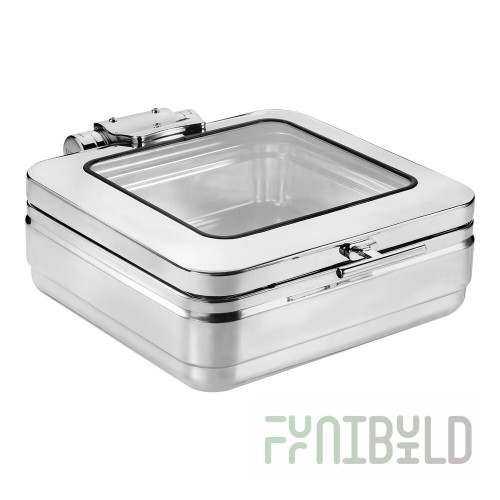 WNK from Steelite International Diva 6.75 Qt. 2/3 Size Square Stainless Steel Induction Chafer with Hinged, Soft-Close Glass Lid 5370S553