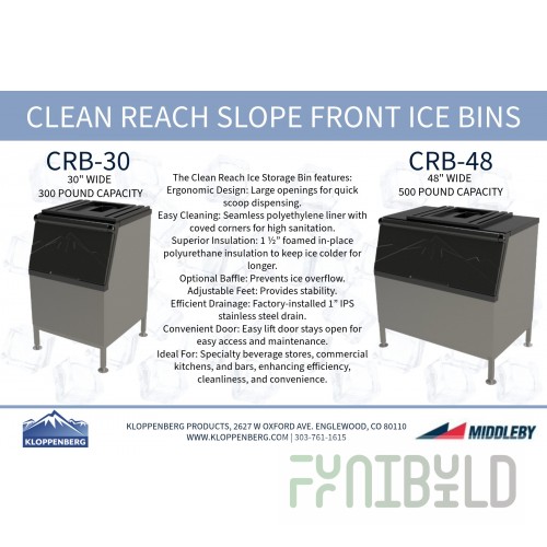 Kloppenberg CRB-48 Clean Reach Ice Storage Bin With 500 Lbs Ice Storage Capacity Offers Ergonomic And Easy Access With Large Openings For Quick Scoop Dispensing. Seamless Polyethylene Liner With Coved Corners
