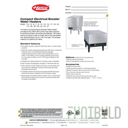 Hatco C-24-208-3-QS 18 Inch Electric Booster Heater 6 Gallon Storage Capacity Stainless Steel