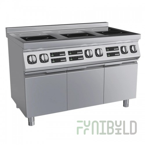 Induction cooker PEI-6/G1, 5 burners of 3.5 kW and 1 burner of 5 kW; power consumption - 22.5 kW. 1165 (1085) * 900 * 859