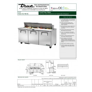True Refrigeration TSSU-72-18-HC 72 Inch Stainless Steel Refrigerated Counter 3 Section with 3 Inch Castors