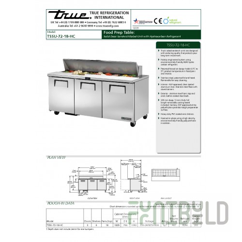 True Refrigeration TSSU-72-18-HC 72 Inch Stainless Steel Refrigerated Counter 3 Section with 3 Inch Castors