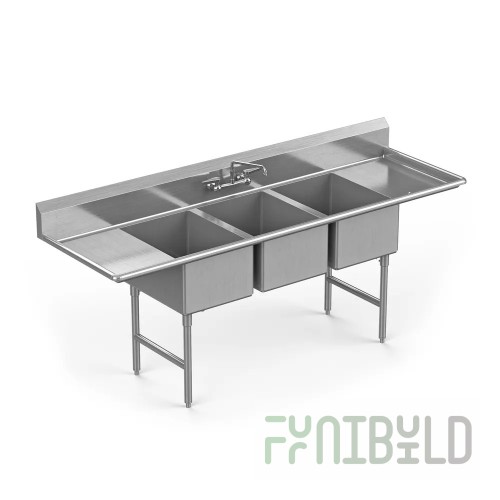 Winholt WS3T2028-2D24 28 Inch Sink Three Compartment with 2 Drain-boards Stainless Steel