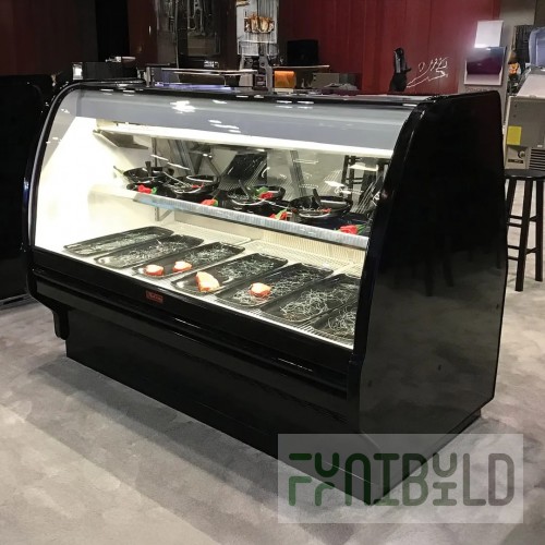 Howard-McCray SC-CBS40E-4C-BE-LED 51.5 Inch Refrigerated Bakery Case Self Contained Black Exterior Stainless Steel Top with Curved Glass