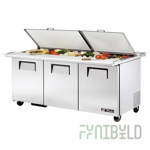 True Refrigeration TSSU-72-30M-B-DS-ST-HC~SPEC3 72 Inch Dual Side Mega Top Refrigerated Counter with Stainless Steel Construction