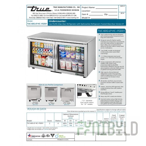 True Refrigeration TUC-60G-LP-HC~SPEC3 60 Inch Stainless Steel Refrigerator 2 Section