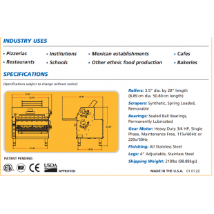 Somerset CDR-2020 3/4 HP Electric Dough Roller with Synthetic Rollers