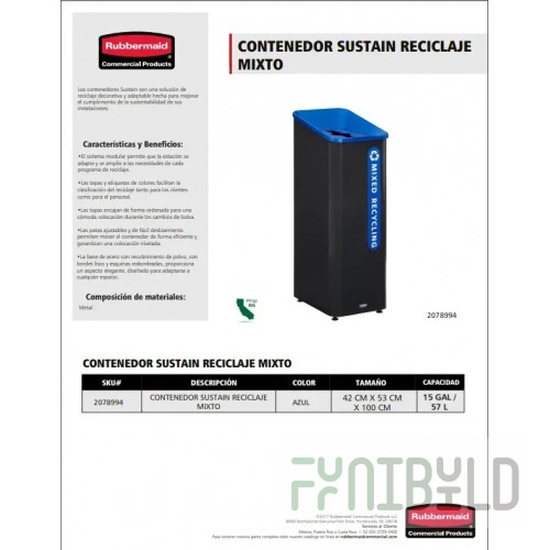 Rubbermaid 2078994 Sustain Decorative Mixed Recycling Container Indoor Use 15 Gallon