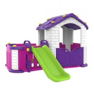 Playhouse with fence and slide, purple