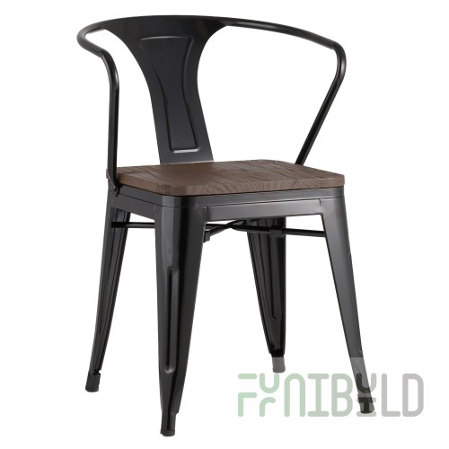 Tolix chair with armrests Black glossy + dark wood
