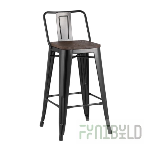 Tolix Wood semi-bar stool with backrest glossy black