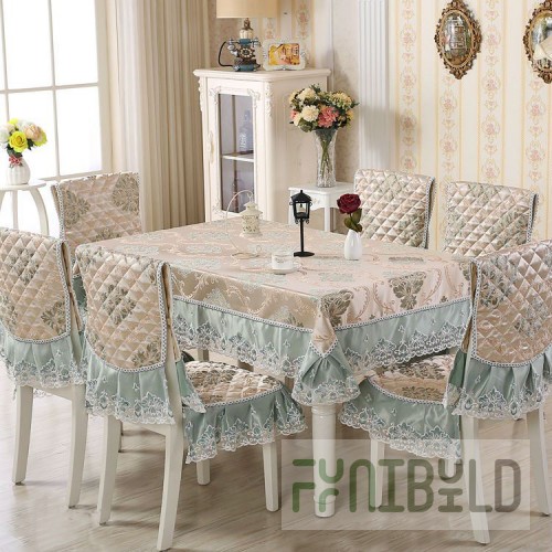 Tablecloth and chair covers with backrest, beige/blue