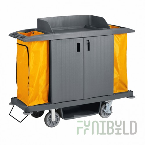 Maid trolley with shelves and 2 bags, grey