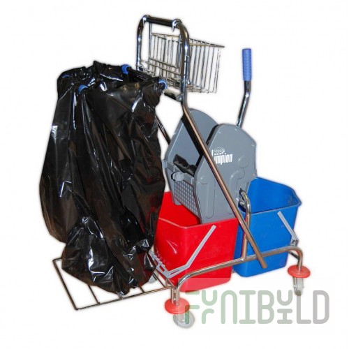 Two-bucket trolley 2X17 metal/chrome, with wringer, net and holder for 120l bag, TU-9.4