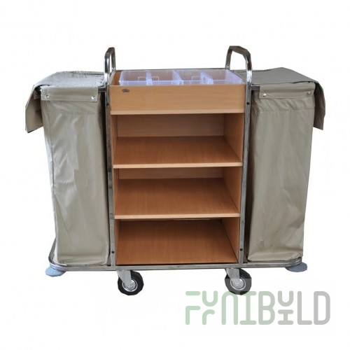 Universal maid trolley with MDF shelves, stainless steel frame