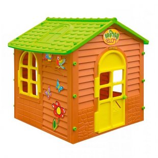 Children's small playhouse, brown with green roof