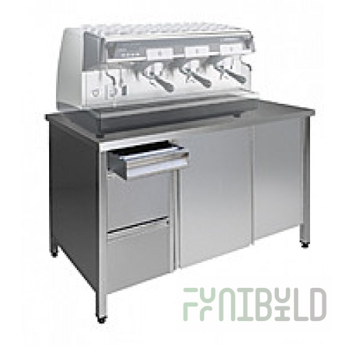 Welded coffee machine pedestal table with built-in knock box