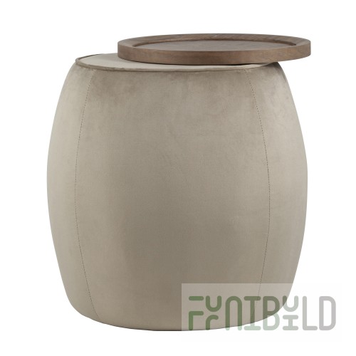 Barrel coffee table with tray, light gray velvet