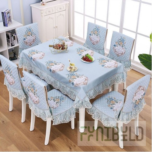 Tablecloth and chair covers with backrest, soft blue