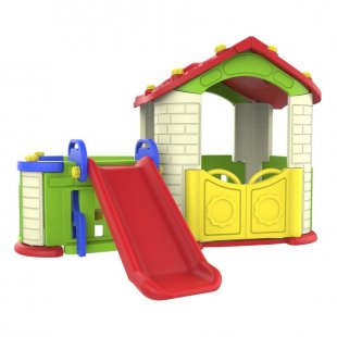 Playhouse with fence and slide