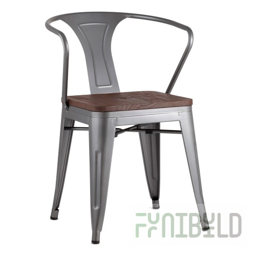 Tolix chair with armrests Silver matt + dark wood