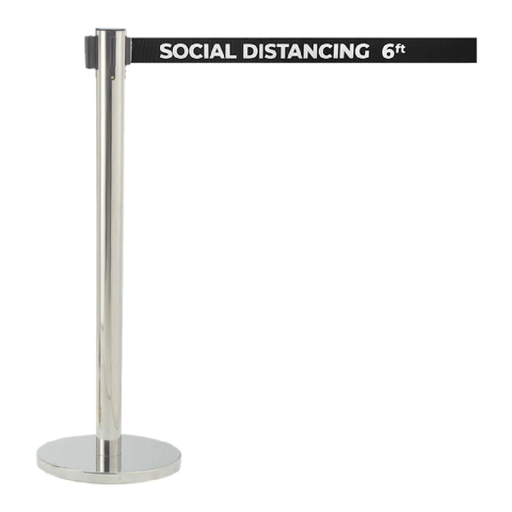 Aarco HS-7PBK 14 Inch Portable Stainless Steel Crowd Control Stanchion with Social Distancing Belt