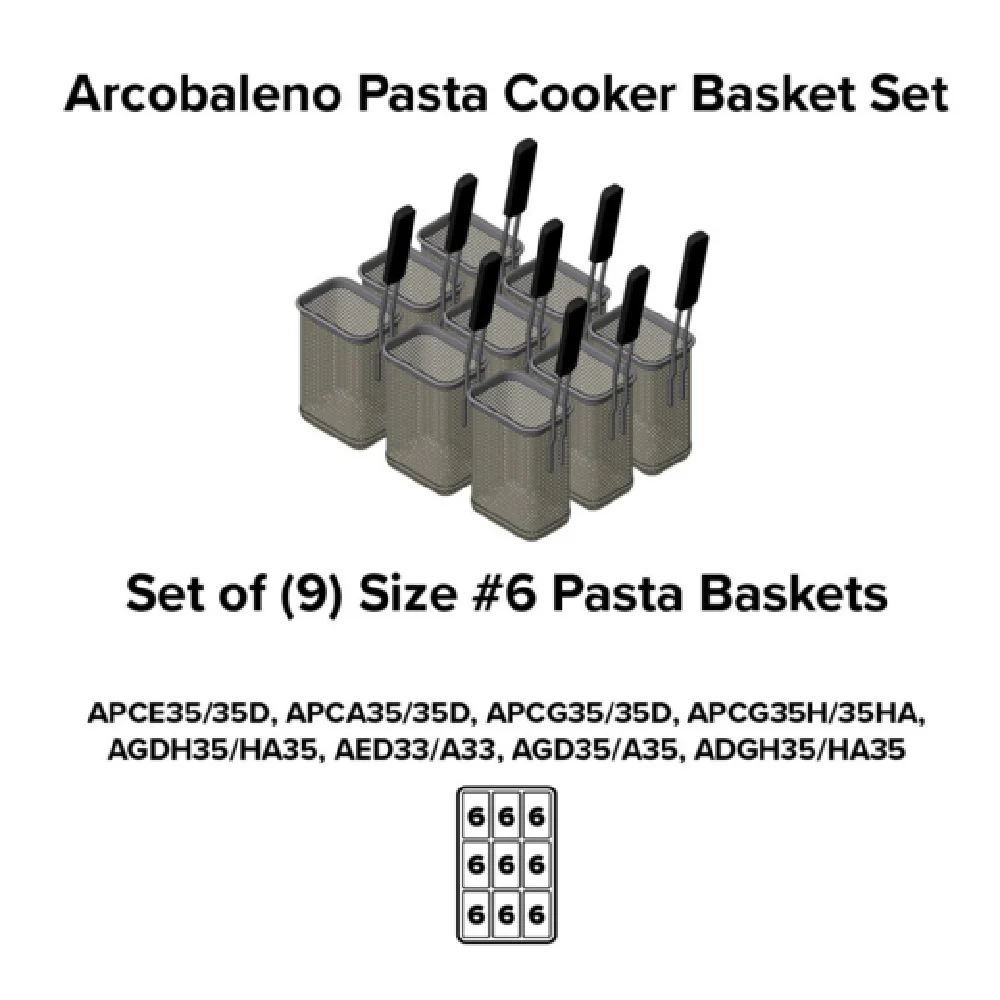 Arcobaleno Pasta Equipment APCB6SET9 Size #6 Pasta Baskets Set of 9 Stainless Steel with Industrial Handle Arcobaleno Pasta Equipment APCB6SET9 Size #6 Pasta Baskets Set of 9 Stainless Steel with Industrial Handle