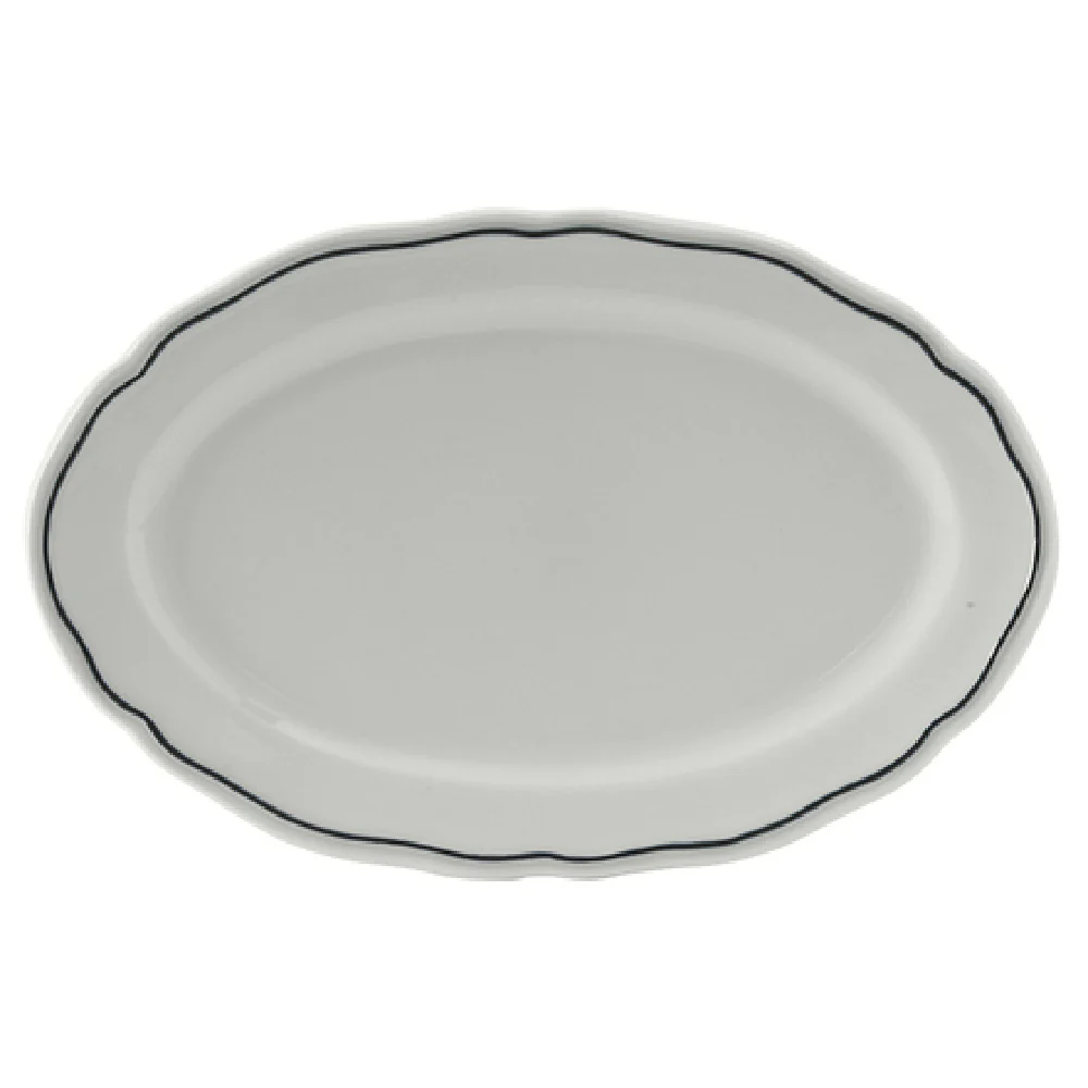 Tuxton SBH-090 6 Inch Oval Platter with Scalloped Edge Lead-Free Porcelain White with Blue Band