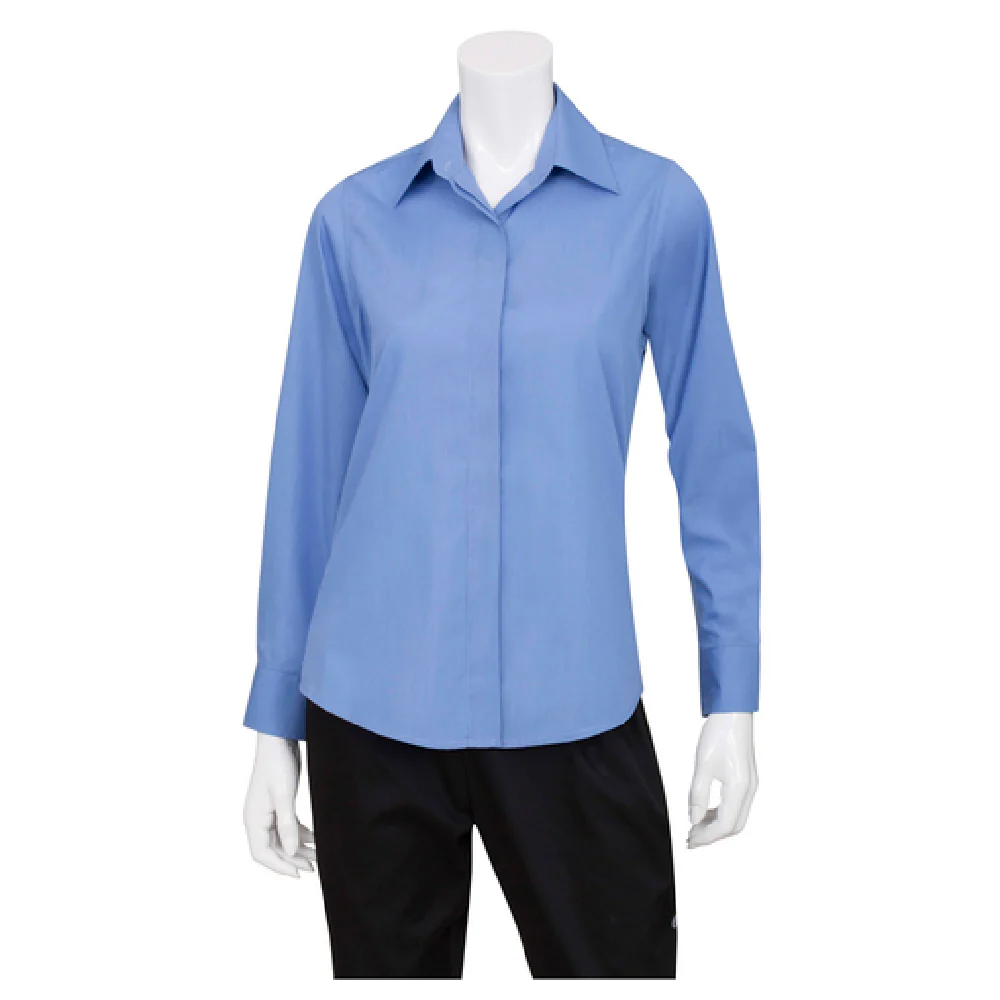 Chef Works W100FRBL Women's Long Sleeve Dress Shirt Adjustable Cuffs Blue Poly Cotton Chef Works W100FRBL Women's Long Sleeve Dress Shirt Adjustable Cuffs Blue Poly Cotton