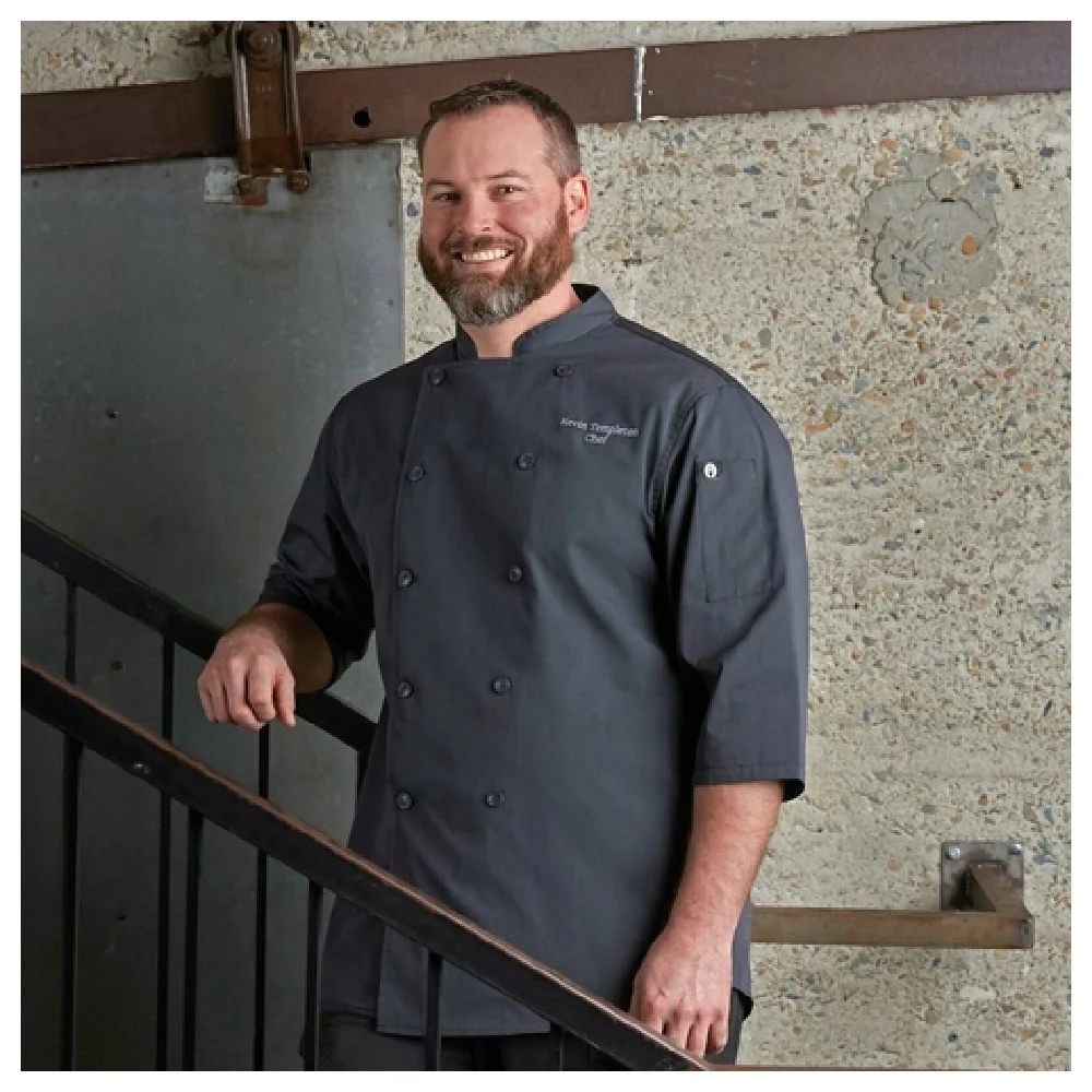 Chef Works SK3001-DGY-M Medium Chef Coat 3/4 Sleeve Double-Breasted Gray Poly/Cotton