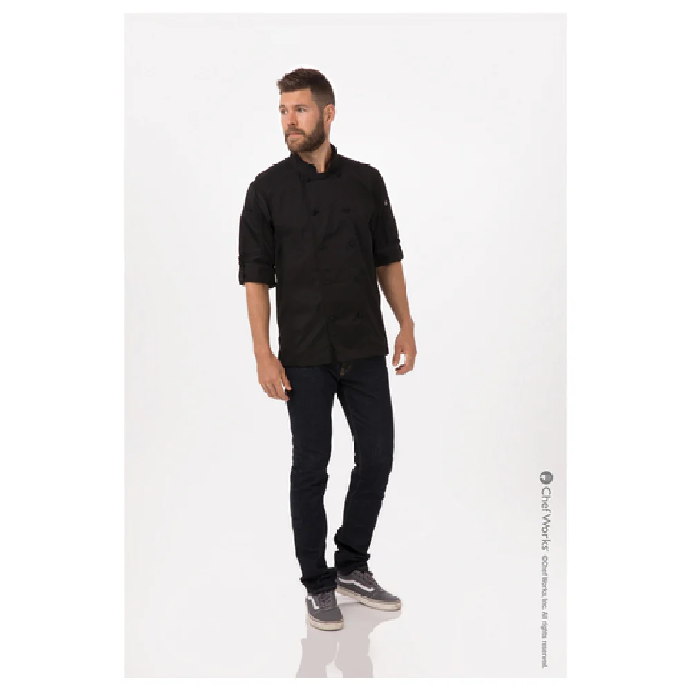 Chef Works CBC01BLKXS XSmall Men's Bowden Chef Coat Double Breasted Black Poly Cotton