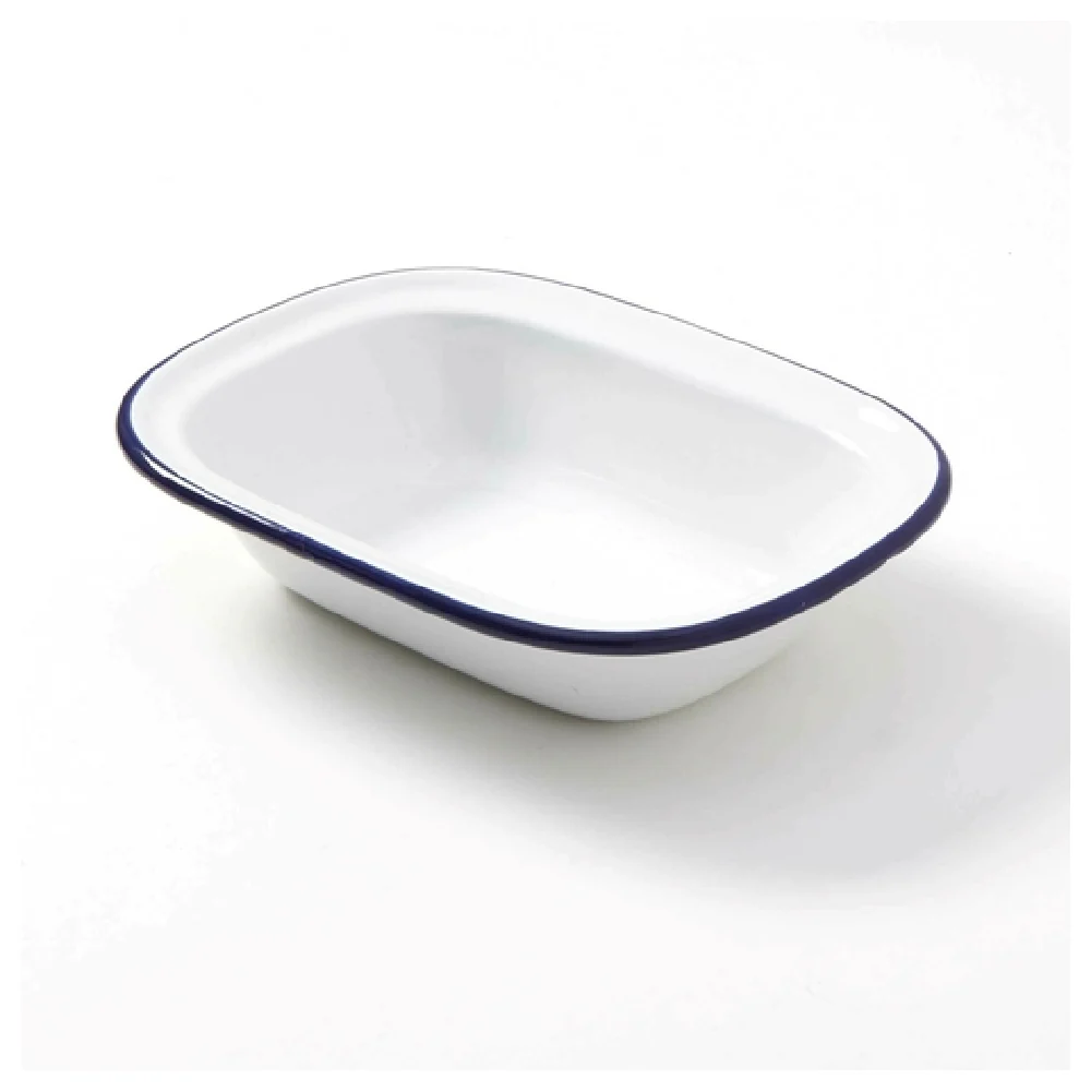 American Metalcraft EWB8 16 Oz Oblong Bowl Enamel Coated Steel White with Blue Rim