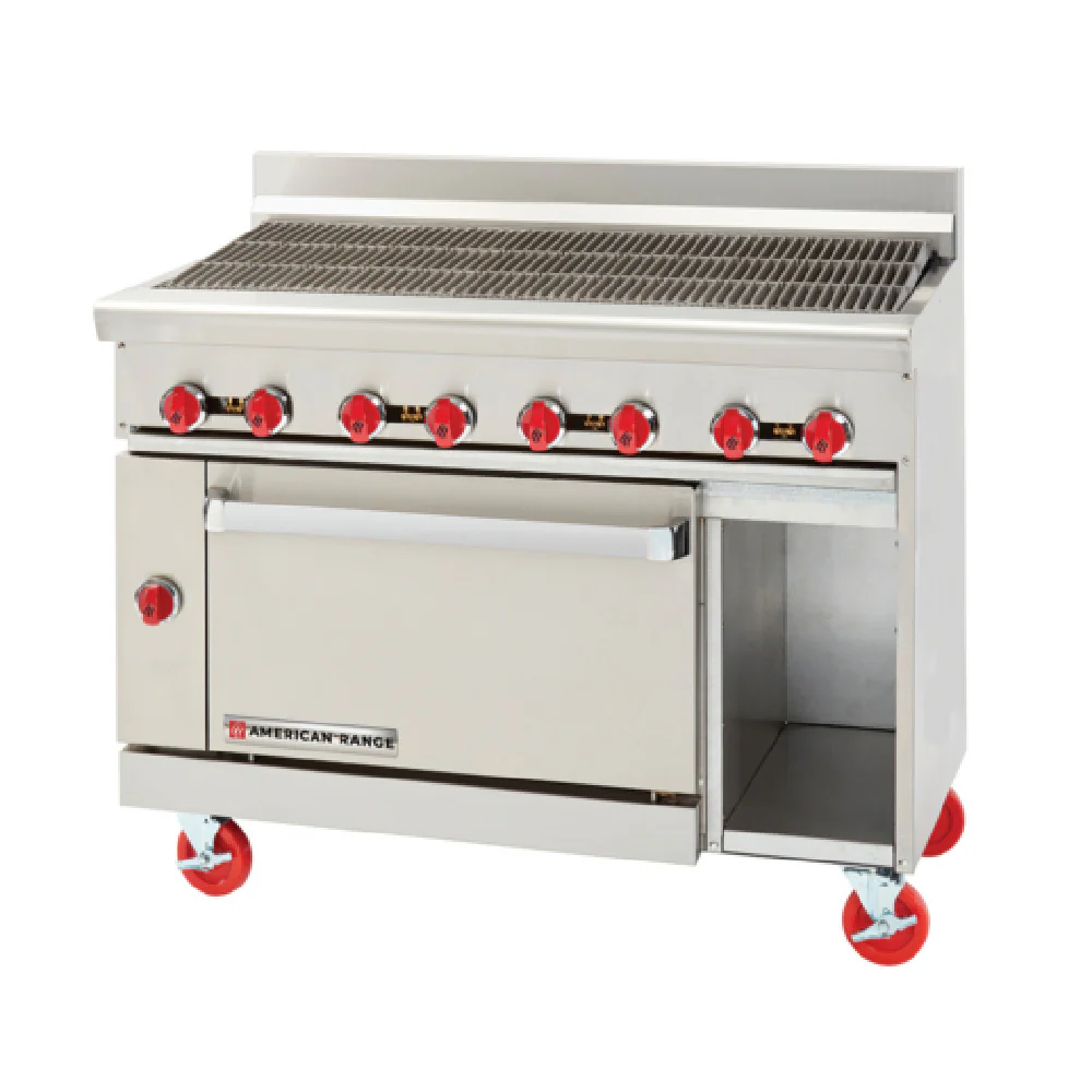 American Range AR-4RB-126L-SBR_NAT 48 Inch Gas Restaurant Range with Charbroiler 155000 BTU American Range AR-4RB-126L-SBR_NAT 48 Inch Gas Restaurant Range with Charbroiler 155000 BTU