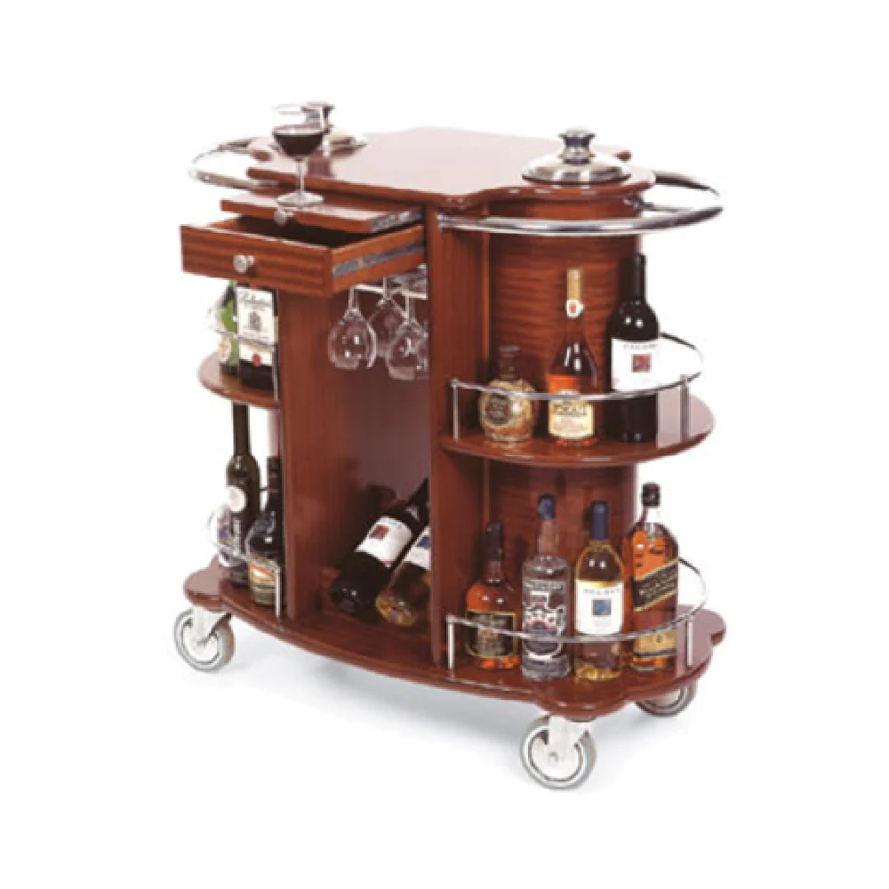 Geneva 70260 39-3/8 Inch Wine Liquor Cart with Recessed Ice Buckets Stainless Steel Bordeaux Satin Varnish