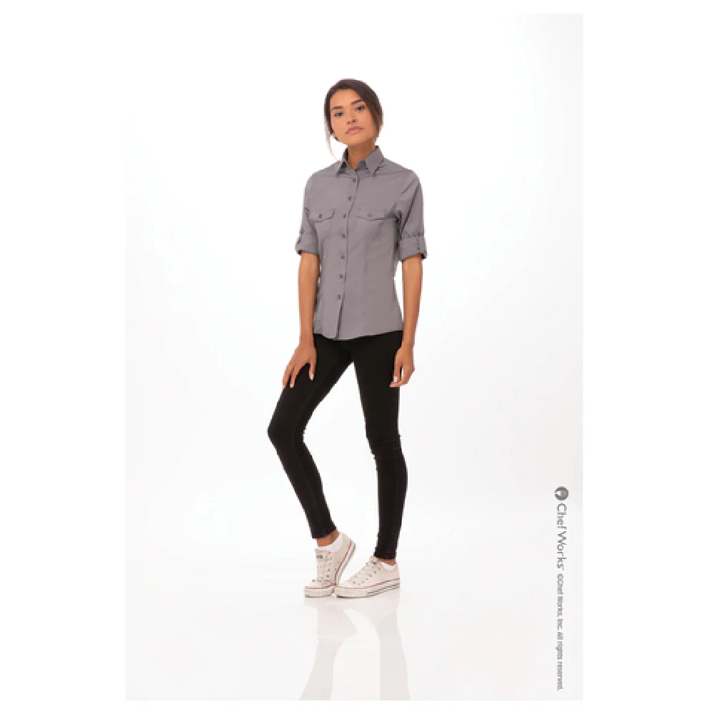 Chef Works WPDSGRY3XL Women's Shirt 3XL Long Sleeve Gray with Roll-up Cuffs Chef Works WPDSGRY3XL Women's Shirt 3XL Long Sleeve Gray with Roll-up Cuffs