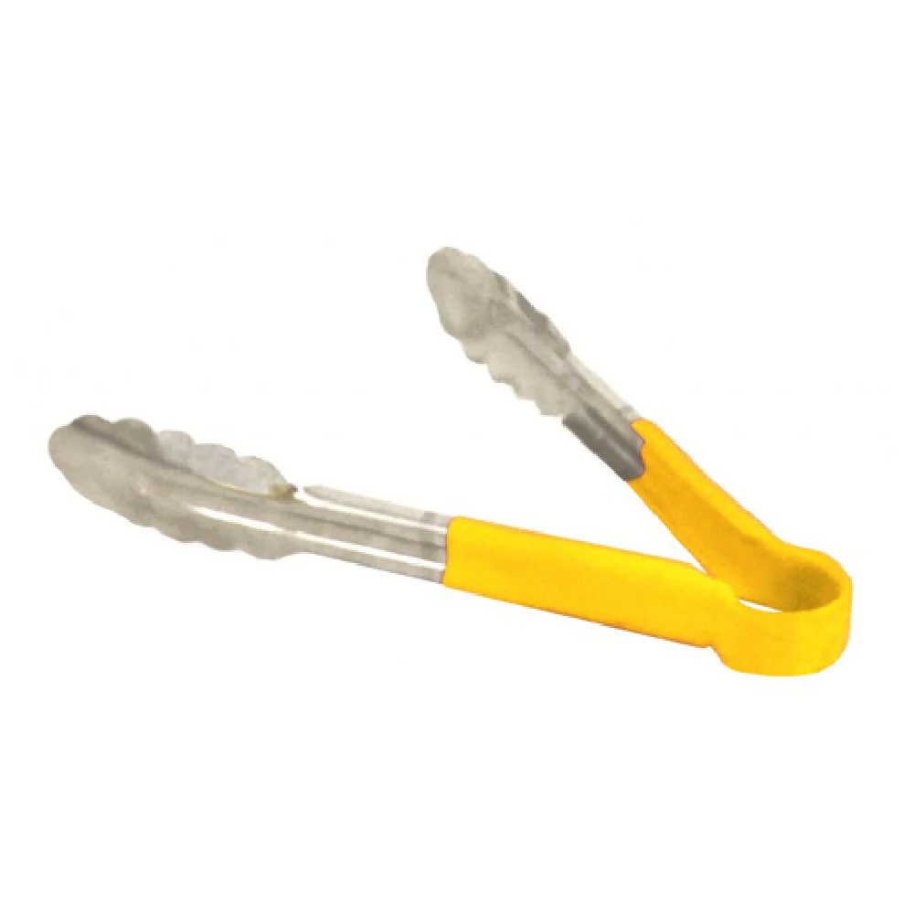 Omcan 80542 9 Inch Utility Tongs with Yellow Plastic Coated Handle Stainless Steel