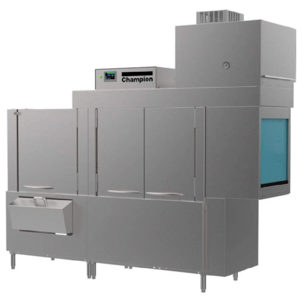 Champion 90 PRO-HD-VHR Pro Series 54”W (54” Single Tank With 36” Prewash With Removable Scrap Basket) Rack Conveyor Dishwasher Champion 90 PRO-HD-VHR Pro Series 54”W (54” Single Tank With 36” Prewash With Removable Scrap Basket) Rack Conveyor Dishwasher