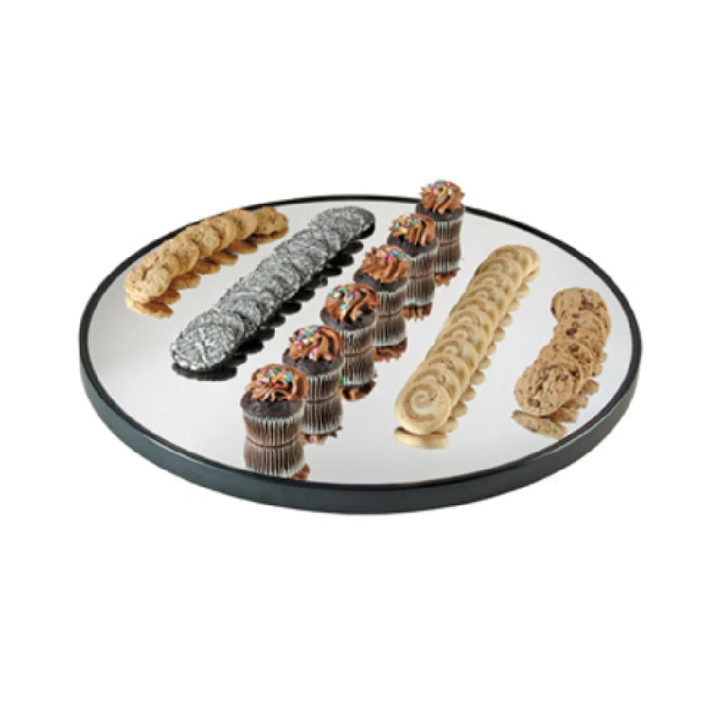 Cal Mil RR240 24 Inch Round Gourmet Display Mirror Tray Glass with Black Trim Cal Mil RR240 24 Inch Round Gourmet Display Mirror Tray Glass with Black Trim