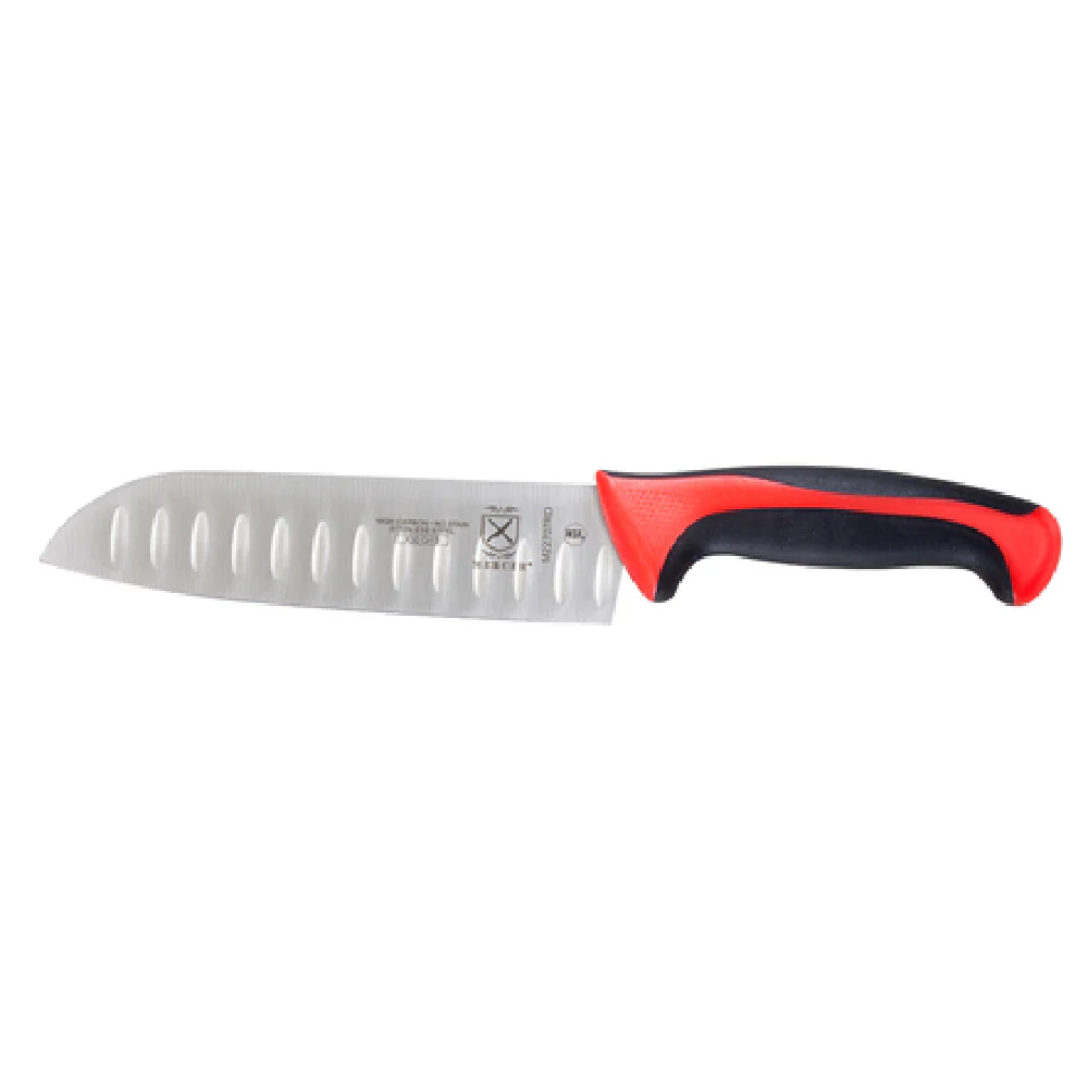 Mercer Culinary M22707RD 7 Inch Granton Edge Santoku Knife High Carbon Steel Red Handle